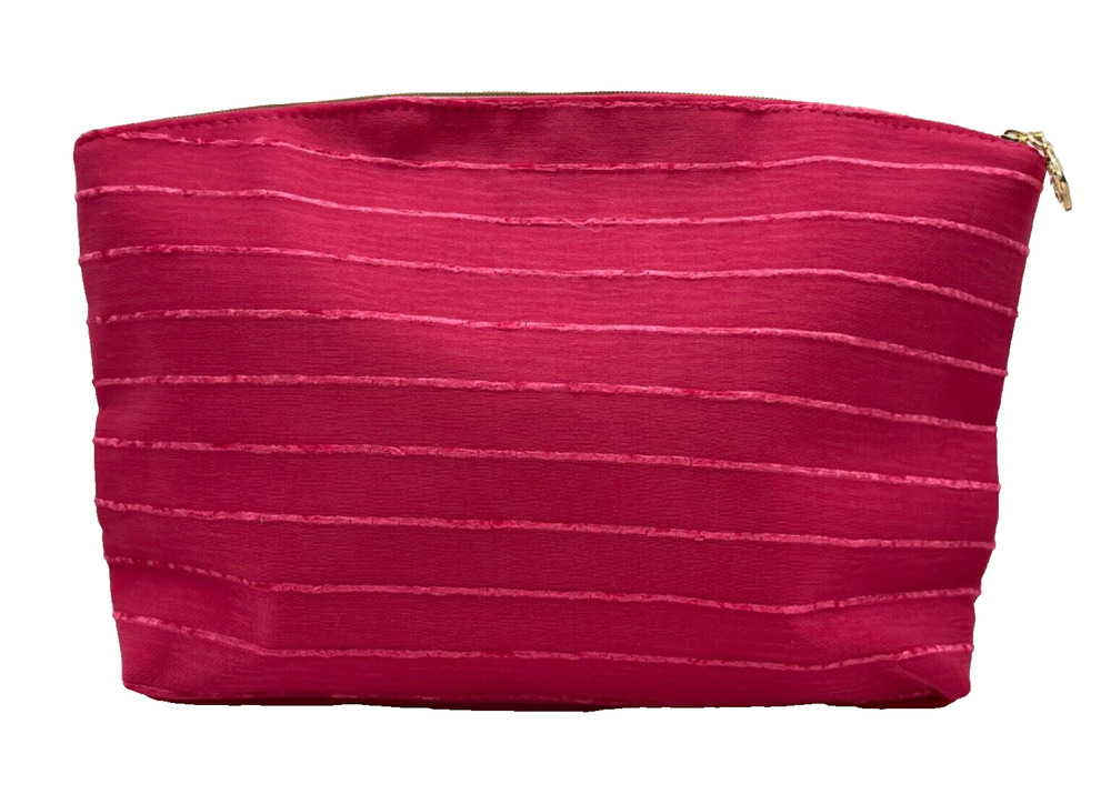 Lancome Pink Striped Makeup Bag with Rhinestore Rose Zipper Charm